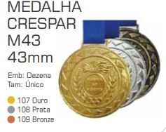 Medalhas Crespar 43mm  ouro, Prata, Bronze c/ fita Pct c/ 10 unid